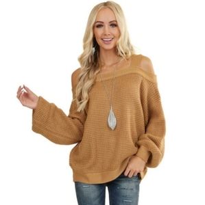 Camel cold shoulder cable knit sweater